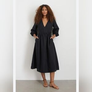 Alex Mill Lauren Midi Dress 100% Linen Long Sleeve Wrap Size M Black V-Neck NWT